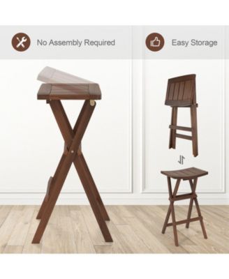 Backless Folding Counter Height Bar Stools Set of 2 with Teak Wood Frame and Saddle Seat