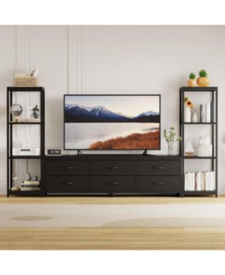 TV Stand Dresser for 75 Inch TV, Large Entertainment Center with Fabric Drawers & 4 Tier Storage Shelves, Modern Industrial TV Console