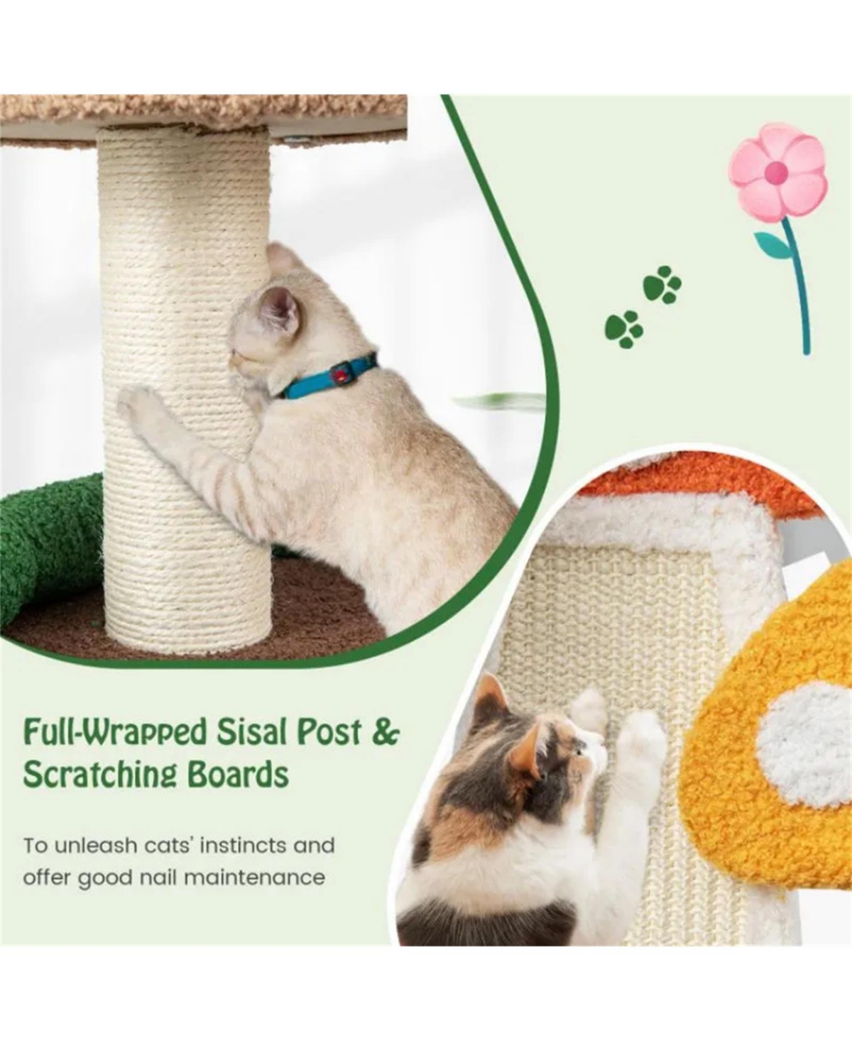 Zeus & Ruta Cute Mushroom Cat Tree with Condo Spring Ball Sisal Posts