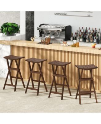 Backless Folding Counter Height Bar Stools Set of 2 with Teak Wood Frame and Saddle Seat