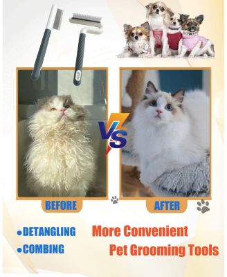 2 Pet Grooming Combs Long Short Stainless Steel Teeth T Straight Rubber Handle for Dogs Cats Flea Tick Hair Removal