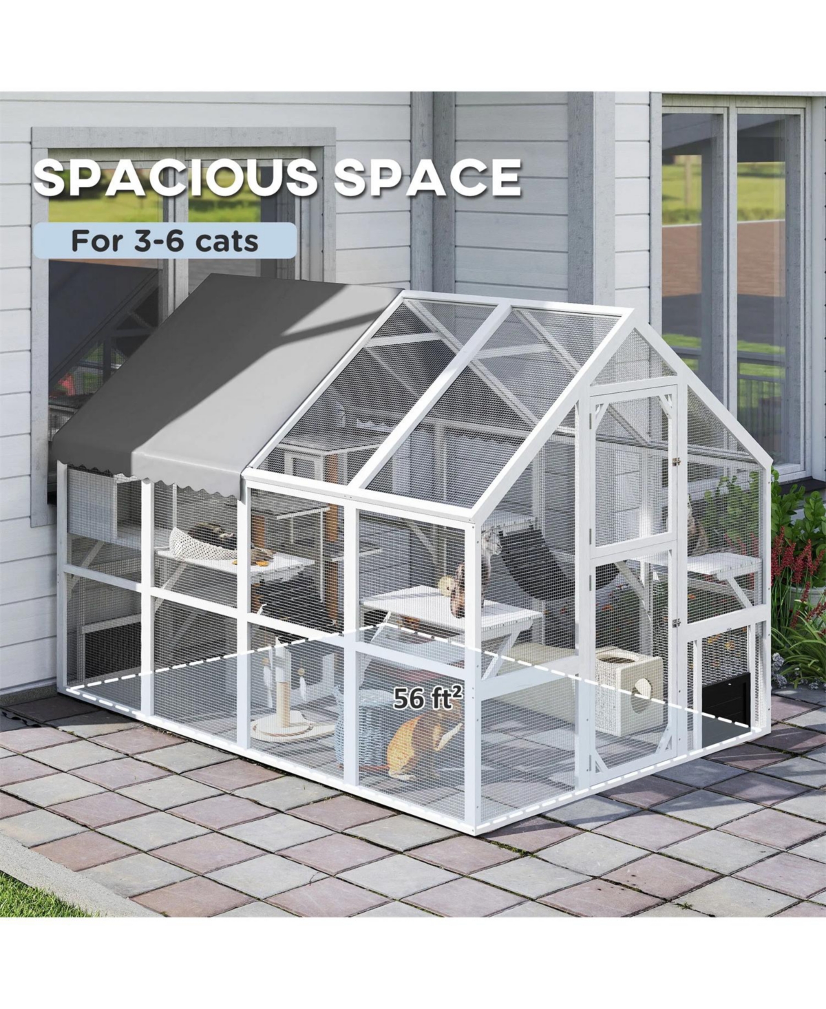 Zeus & Ruta Wooden Catio Outdoor Cat Enclosure with Waterproof Cover, 2 Condos, 6 Platforms, Bridge, Doors
