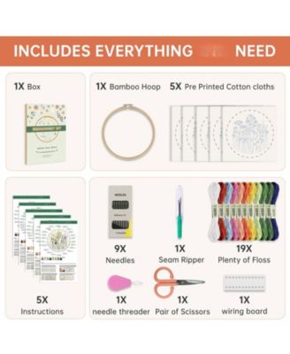 5 Pack Beginner Embroidery Kit Adults Floral Patterns Hoop Threads Tools