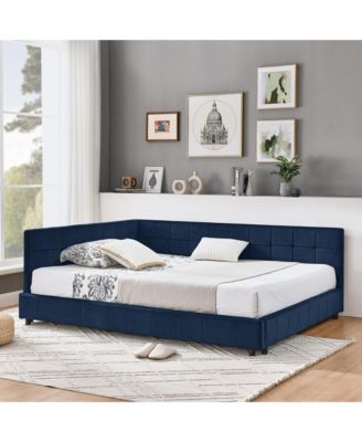 Full Size Velvet Tufted Daybed Backrest Armrest Dark blue