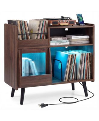 Large Record Player Stand with LED Lights Power Outlets and Door