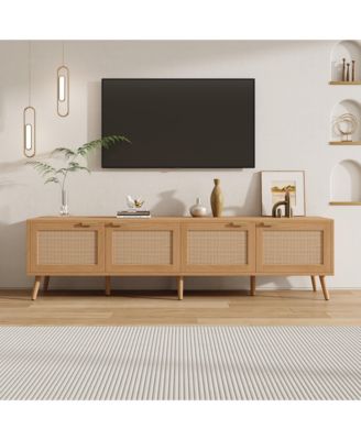 70 inch Modern Cabinet TV Stand with Rattan Doors Media Console with Storage Space & Cable Holes