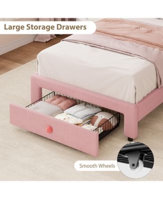 Set of 2 Twin Size Velvet Storage Beds with LED Ambiance - Upholstered Platform Bed Frame with Pull-Out Drawer, No Box Spring Needed