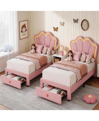 Set of 2 Twin Size Velvet Storage Beds with LED Ambiance - Upholstered Platform Bed Frame with Pull-Out Drawer, No Box Spring Needed