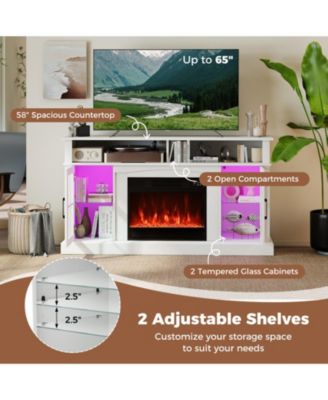 58 in Fireplace TV Stand with LED Lights and Glass Door Cabinets