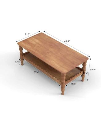 Rectangle Coffee Table, Solid Wood Center Table, Farmhouse 2-Tier Sofa Table, Wave-Edge Design for Living Room