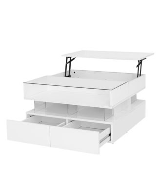 Lift-Top Coffee Table, Modern Square Center Table - 2 Drawers, Hidden Space, LED Lights and High-Gloss Finish for Living Room
