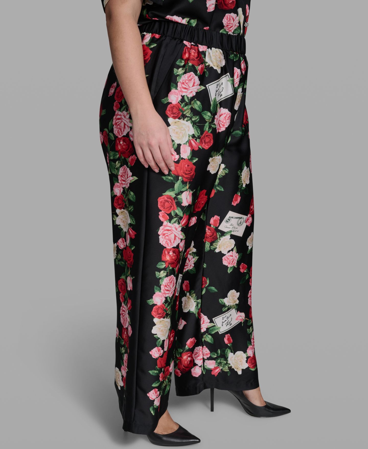 Женские брюки KARL LAGERFELD PARIS Plus Size Mid-Rise Floral-Print Pull-On, цвет: Чёрный разноцветный — фото 3
