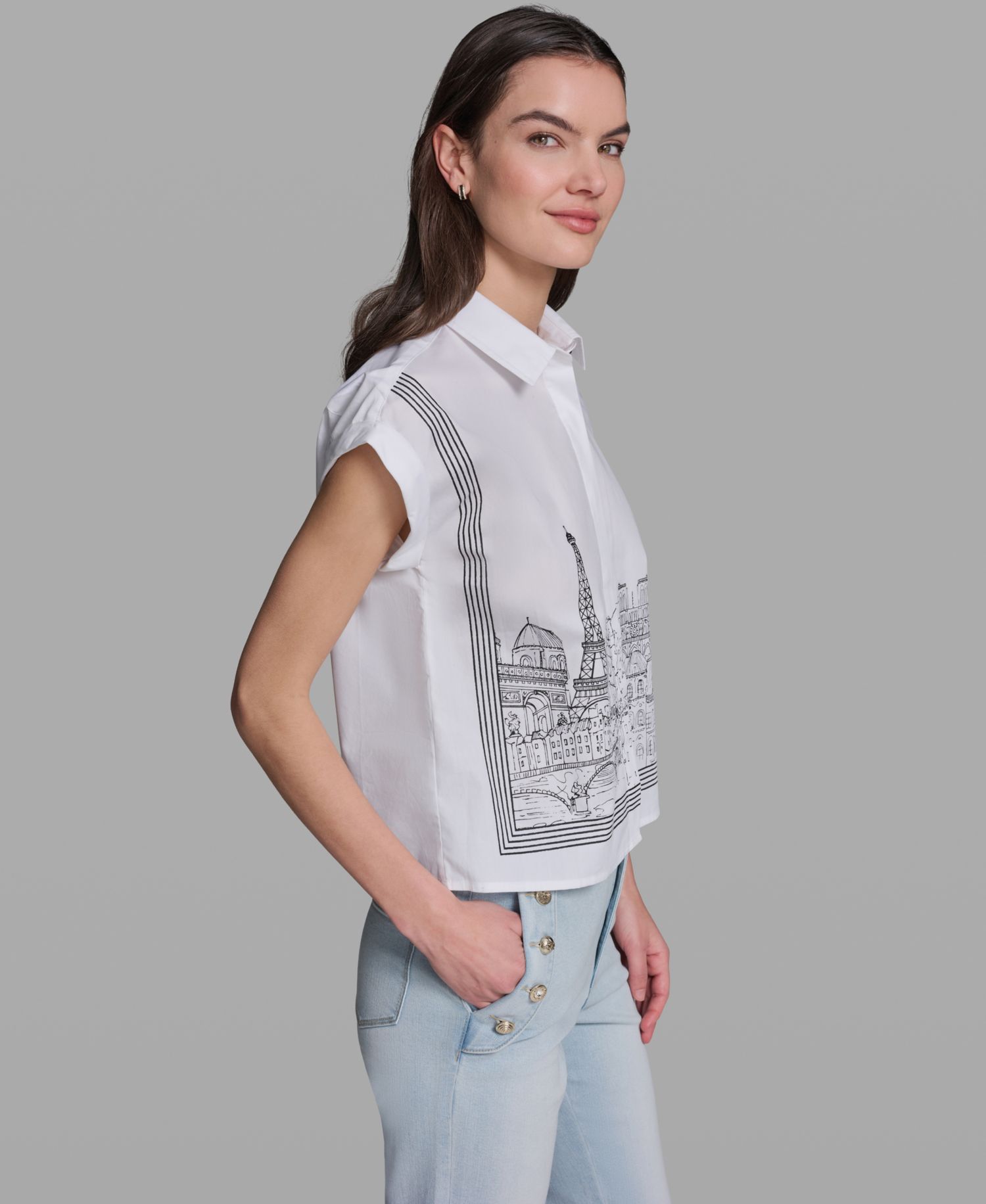 Petite Bow Scenic Poplin Collared Shirt