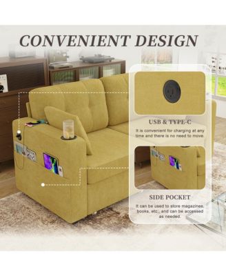 Compact Loveseat Sofa, 67" Chenille 2-Seater Couch Featuring Storage, USB Charging and Cup Holder for Small Spaces