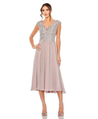 Women's Embroidered Beaded Midi Dress with Cap Sleeves