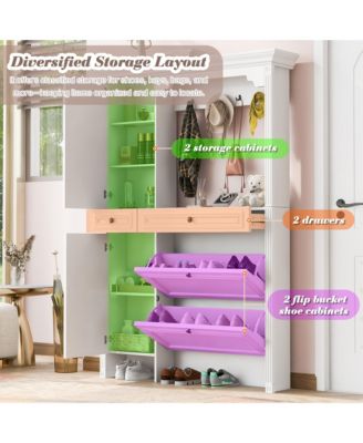 54.7in Hall Tree 4in1 Entryway Storage Shoe Cabinet Mirror Hooks Bench