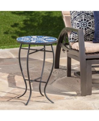 Outdoor Round Side Table with Mosaic-Style Top and Curved Iron Legs, End Table
