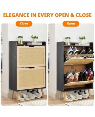 Rattan Shoe Cabinet with 2 Flip Drawers, 9.25 Inch Depth, Slim Entryway Storage