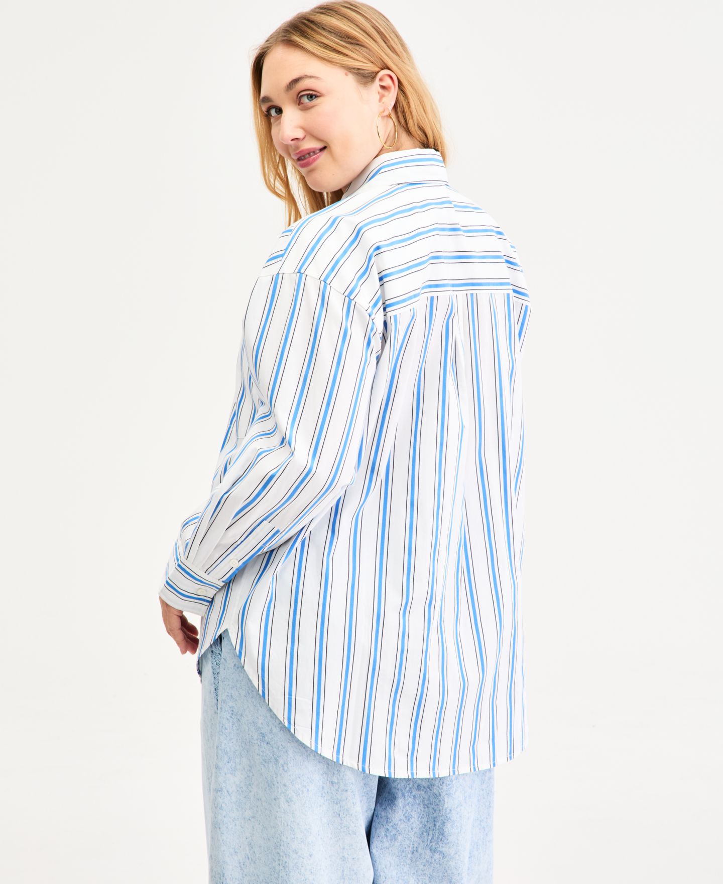 Женская рубашка On 34th Plus Size Bayside Stripe Button-Front Cotton, цвет: Белый полосатый — фото 4