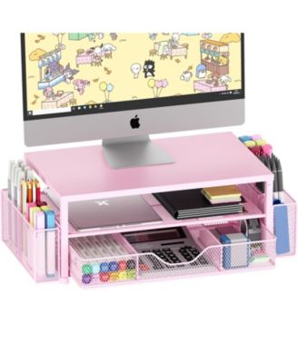 2-tier Monitor Stand Riser Desk Organizer With Drawer Pen Holder