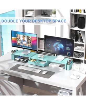 Dual Monitor Stand Riser Desk Organizer Drawer 2 Pen Holders Shelf