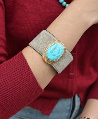 Blue Turquoise Velvet Cuff Golden Bracelet