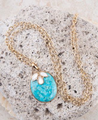 Turquoise and White Mother of Pearl Petal Golden Pendant Necklace