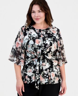 Plus Size Printed Knot-Front Flutter-Sleeve Top
