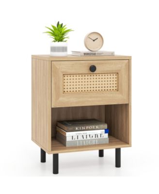 Rattan Nightstand Boho End Table with Rattan Drawer and Open Shelf