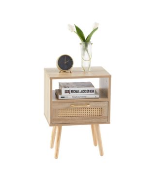 Modern Rattan End Table with Drawer and Solid Wood Legs Nightstand Cabinet