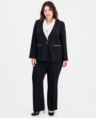 Plus Size Contrast Collar One-Button Blazer & High Rise Bootcut Pants