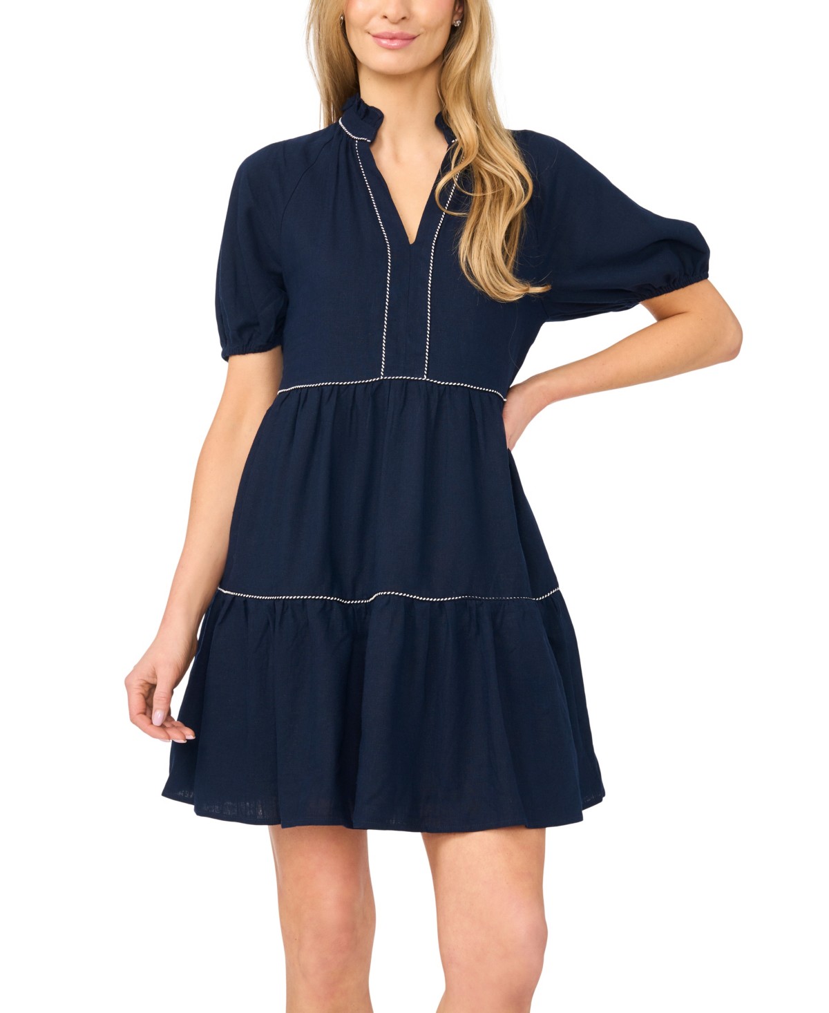 Женские платья CeCe Women's Linen-Blend Split Neck Short-Sleeve Babydoll Dress — фото 3