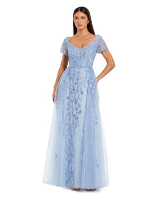 Women's Embroidered Beaded Tulle A-Line Gown with Sheer Overskirt