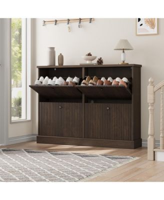 Fluted Shoe Cabinet with 4 Flip Drawers, Adjustable Shelves and Hidden Entryway Storage