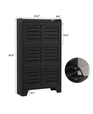 Slim Shoe Cabinet with 2 Flip Drawers and Side Hooks, Deep Entryway Storage