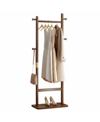 Solid Wood Coat Rack Freestanding 5 Hooks Shoe Storage Hall Tree Heavy-duty Stable for Entryway Bedroom Living Room