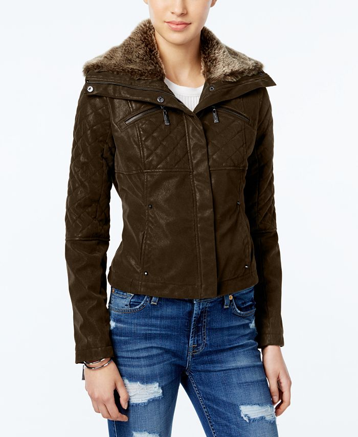 Jou Jou Juniors' Faux-Fur Collar Faux-Leather Jacket - Macy's