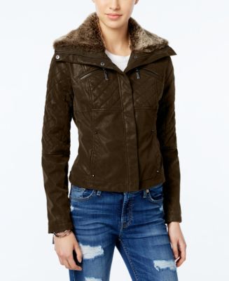 2040241 Navy Fur Collar Faux Leather Jacket