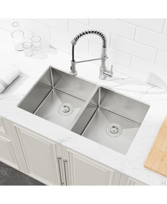 33 x 19 Inch Embedded Double Bowl Kitchen Sink Undermount Handmade Brushed Stainless Steel