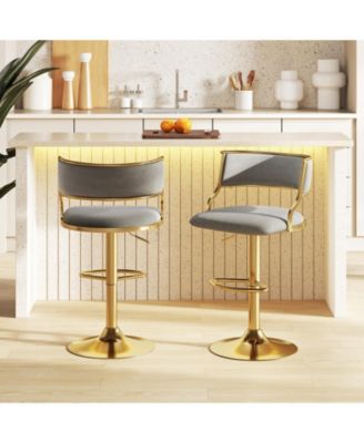 Height Adjustable Velvet Swivel Bar Stool Set of 2 with Barrel Back and Footrest