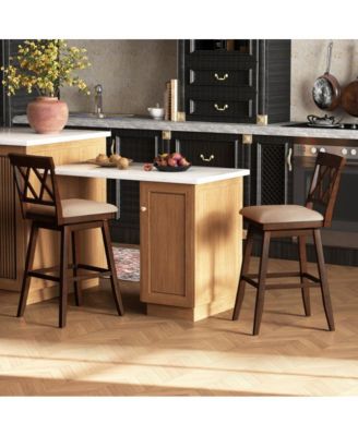 29 in Swivel Bar Height Stool Set of 2 with Linen Upholstered Seat and Curved Backrest