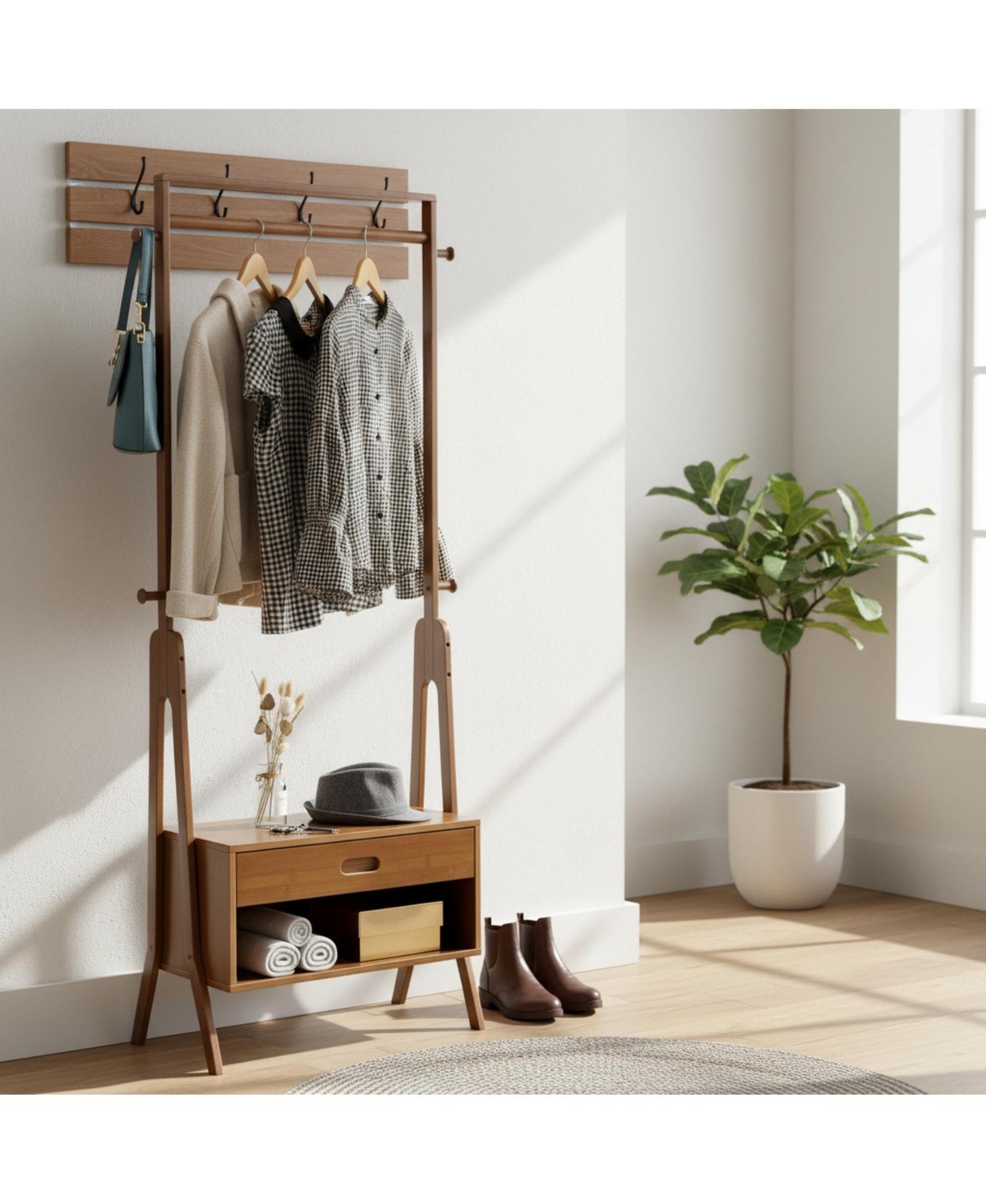 Yigii Freestanding Hall Tree Entryway Bench Coat Rack Storage Wood