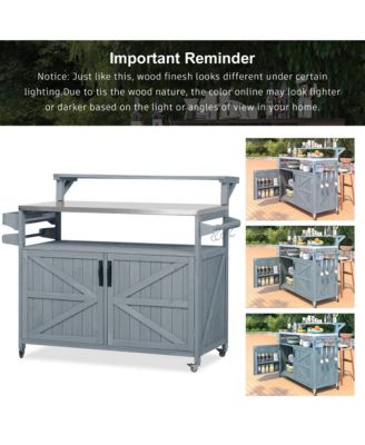 53.3inch Outdoor Kitchen Island with Raised Shelf, Solid Wood Storage Cabinet, Rolling Grill Cart with Rack, Adjustable Shelf and Spice Rack