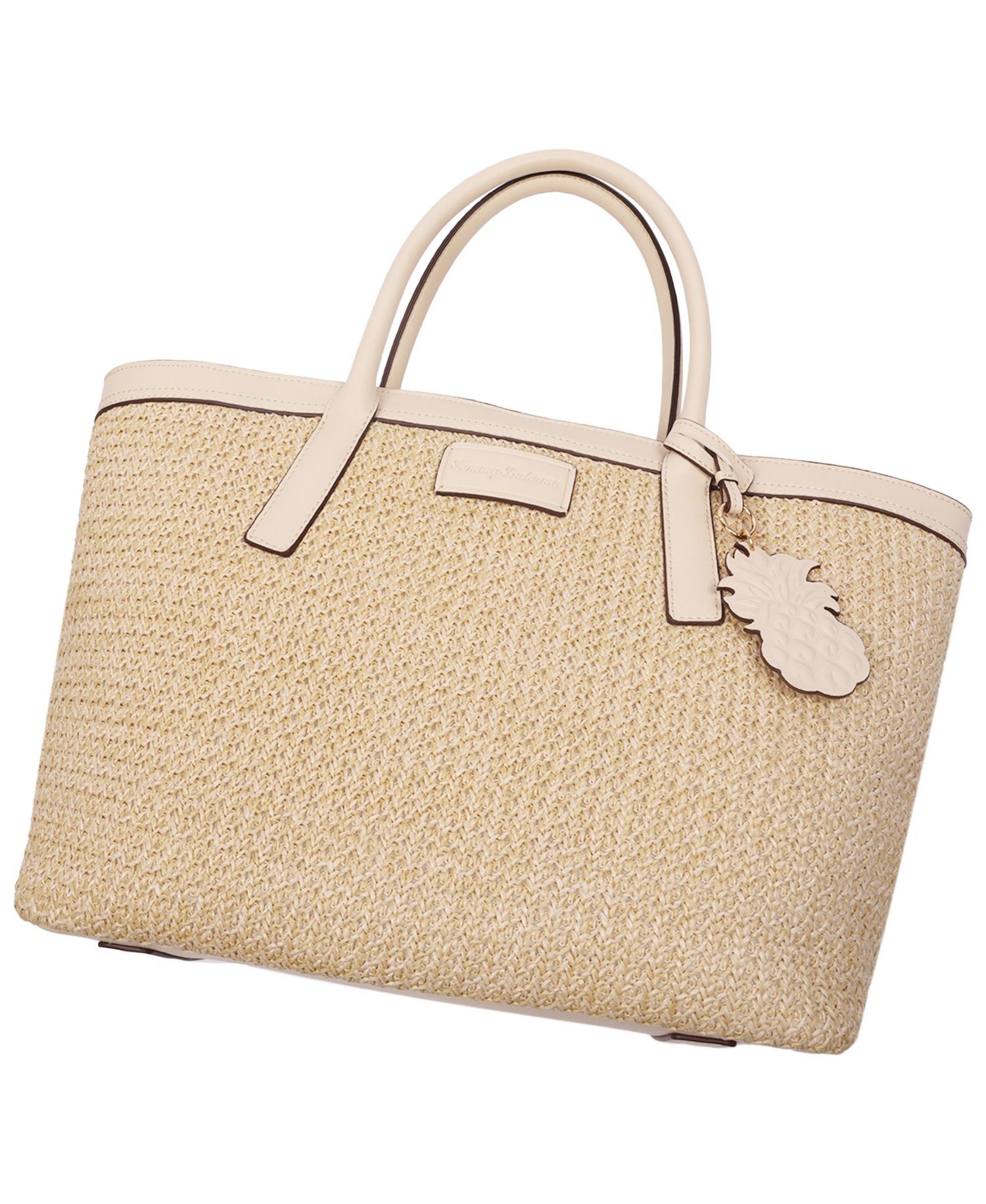 Raffia and PU Large Logo Tote - Woven Straw Beach Tote with Pineapple Charm