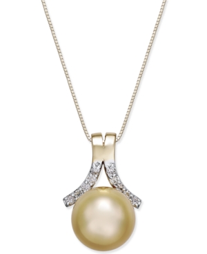 image of Cultured Golden South Sea Pearl (10mm) and Diamond (1/6 ct. t.w.) Pendant Necklace in 14k Gold