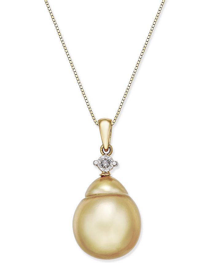 Macy's - Cultured Baroque Golden South Sea Pearl (12mm) and Diamond (1/10 ct. t.w.) Pendant Necklace in 14k Gold