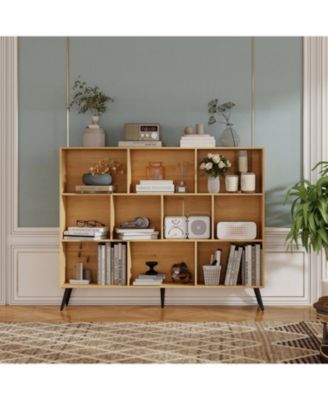 10 Cube Bookshelf, 3 Tier Modern Wide Bookcase with Legs, Mid-Century Wood Bookshelves Storage, Natural Large Book Case