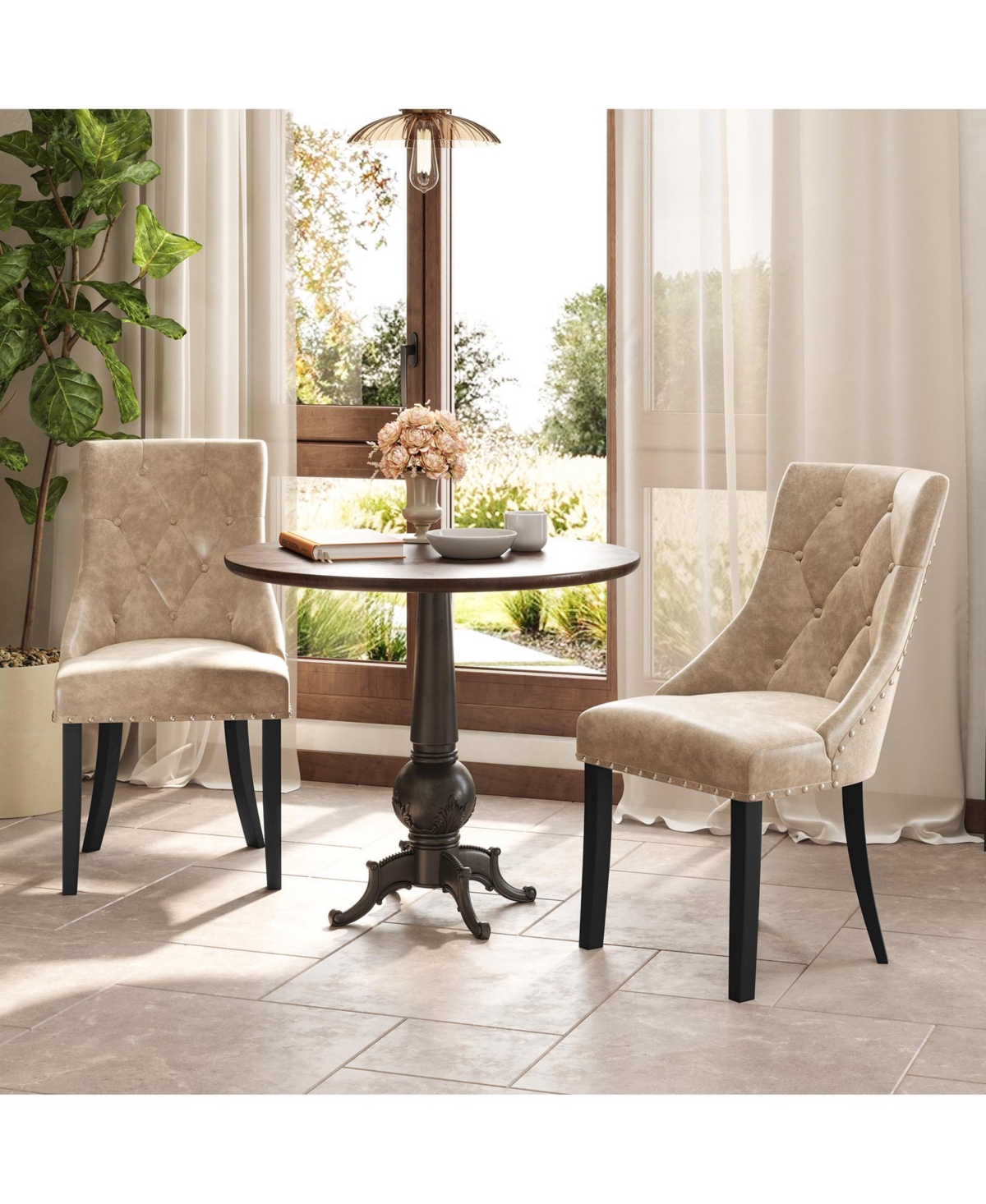 Gymax Upholstered Dining Chairs Set of Tufted Wingback Chairs w/ Solid Wood Legs