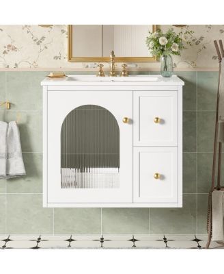 24" Wall Mount Bathroom Vanity with Glass Door, Ceramic Sink & 2 Drawers, Space Saving Storage for Small Bathrooms-Sillysis