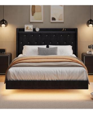 Full Floating Bed Frame with LED Lights, Velvet Upholstered Platform, Storage Headboard